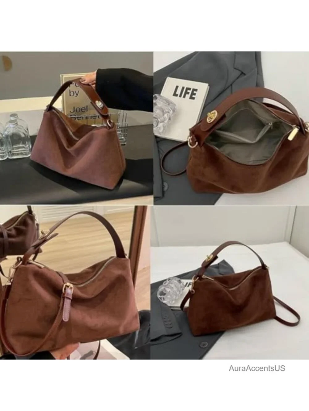 Women's Faux Suede Hobo Bag With Adjustable Strap